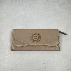 Fossil Wallet Womens Tan Genuine Leather Clutch Organizer Leaf Lining Print